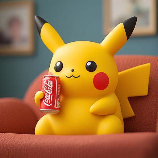 suchclay,  cute chubby overweight Pikachu on couch,  holding cocacola coke can on both hands on Tensor.Art