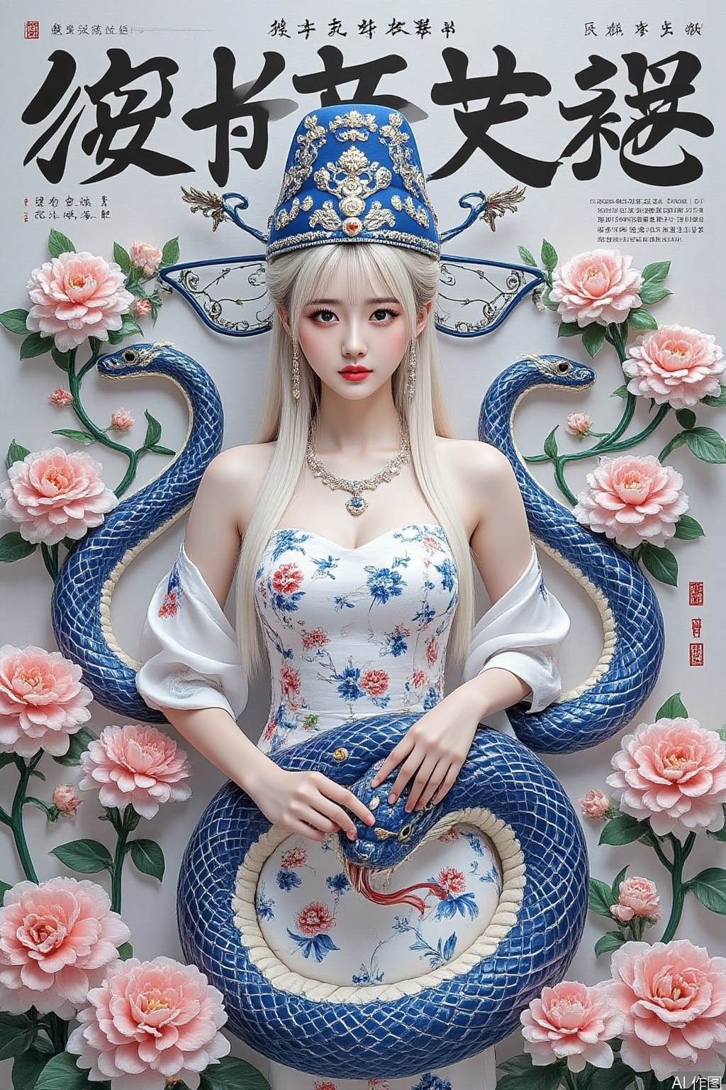 Paper Sculpture,1women,hat,wthite Chinese clothes,portrait,smile,Giant snake, magazine cover, bottom, cool title, exaggerated layout: the camera uses a 35mm f/2.0 wide-angle lens, Chinese: uses a 35mm f/2.0 wide-angle lens, ,serpent, 1 girl, solo, long hair, looking at viewer, bangs, blue eyes, tiara, dress, bare shoulders, jewelry, very long hair, flowers, white hair, earrings, necklace, ,dress, blur ,lips,animals,around pink flowers,snake,realistic,red lips,scales,realistic girl,