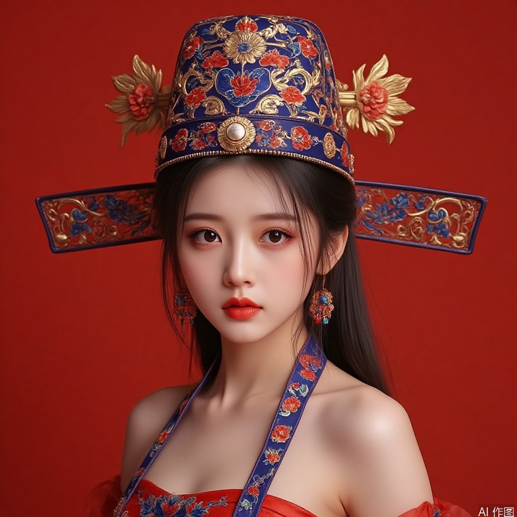 1girl,hat,Chinese clothes,portrait,Red background,bare shoulders