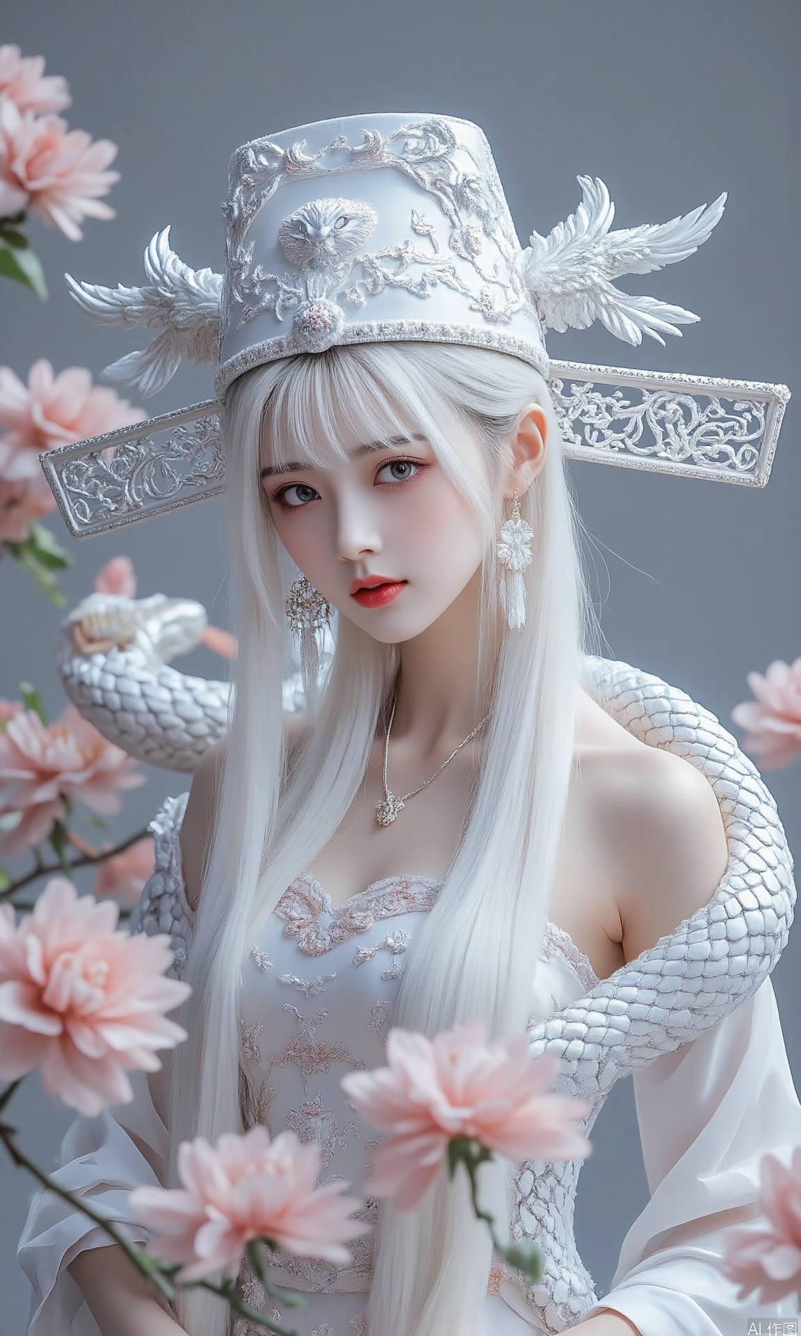 Paper Sculpture,1women,hat,wthite Chinese clothes,portrait,smile,Giant snake, magazine cover, bottom, cool title, exaggerated layout: the camera uses a 35mm f/2.0 wide-angle lens, Chinese: uses a 35mm f/2.0 wide-angle lens, ,serpent, 1 girl, solo, long hair, looking at viewer, bangs, blue eyes, tiara, dress, bare shoulders, jewelry, very long hair, flowers, white hair, earrings, necklace, ,dress, blur ,lips,animals,around pink flowers,snake,realistic,red lips,scales,realistic girl,