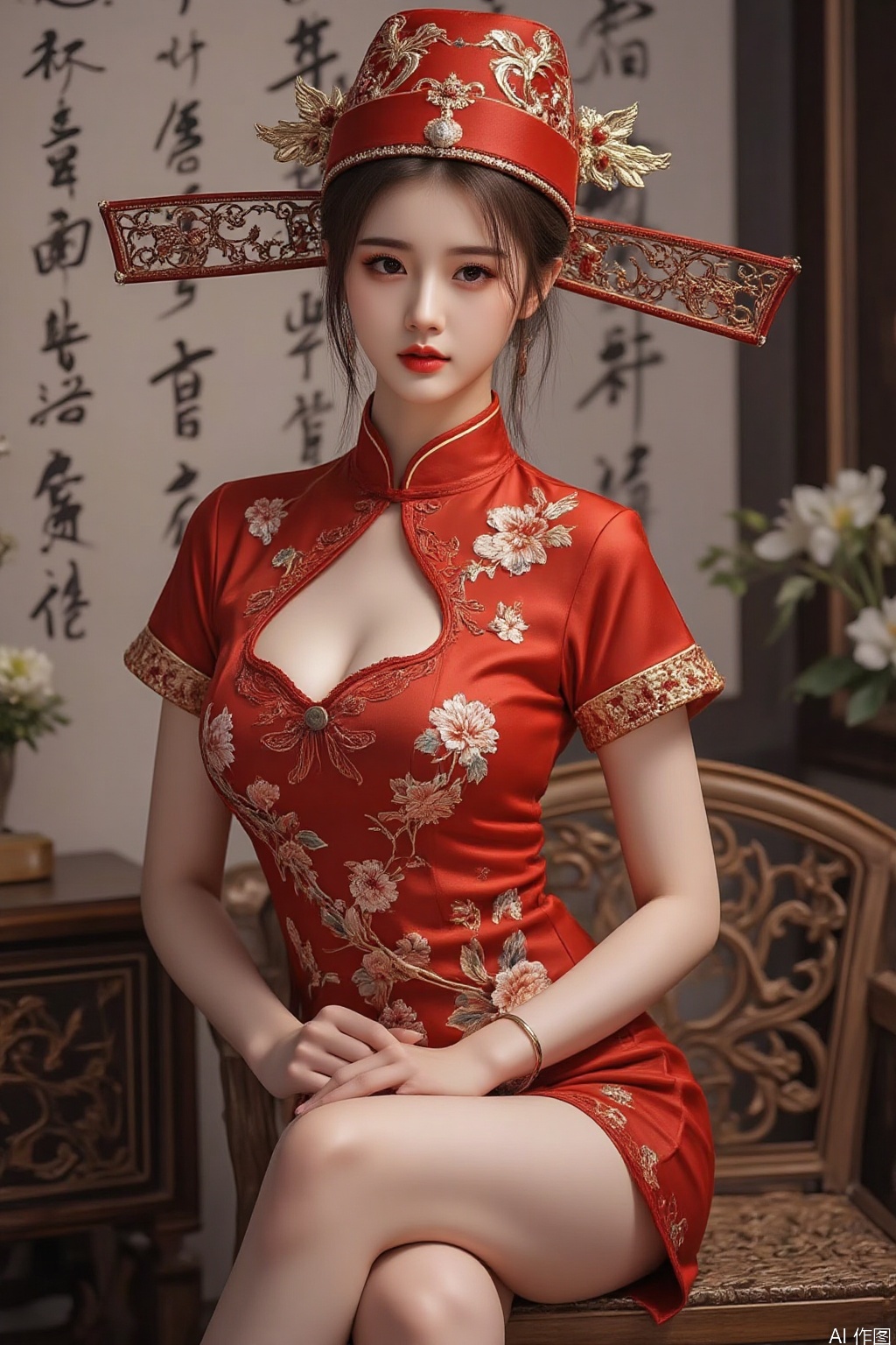 wearing a red cheongsam classical beauty beauty,sexy,cleavage,sitting,thighs,Chinese character background wall,hat