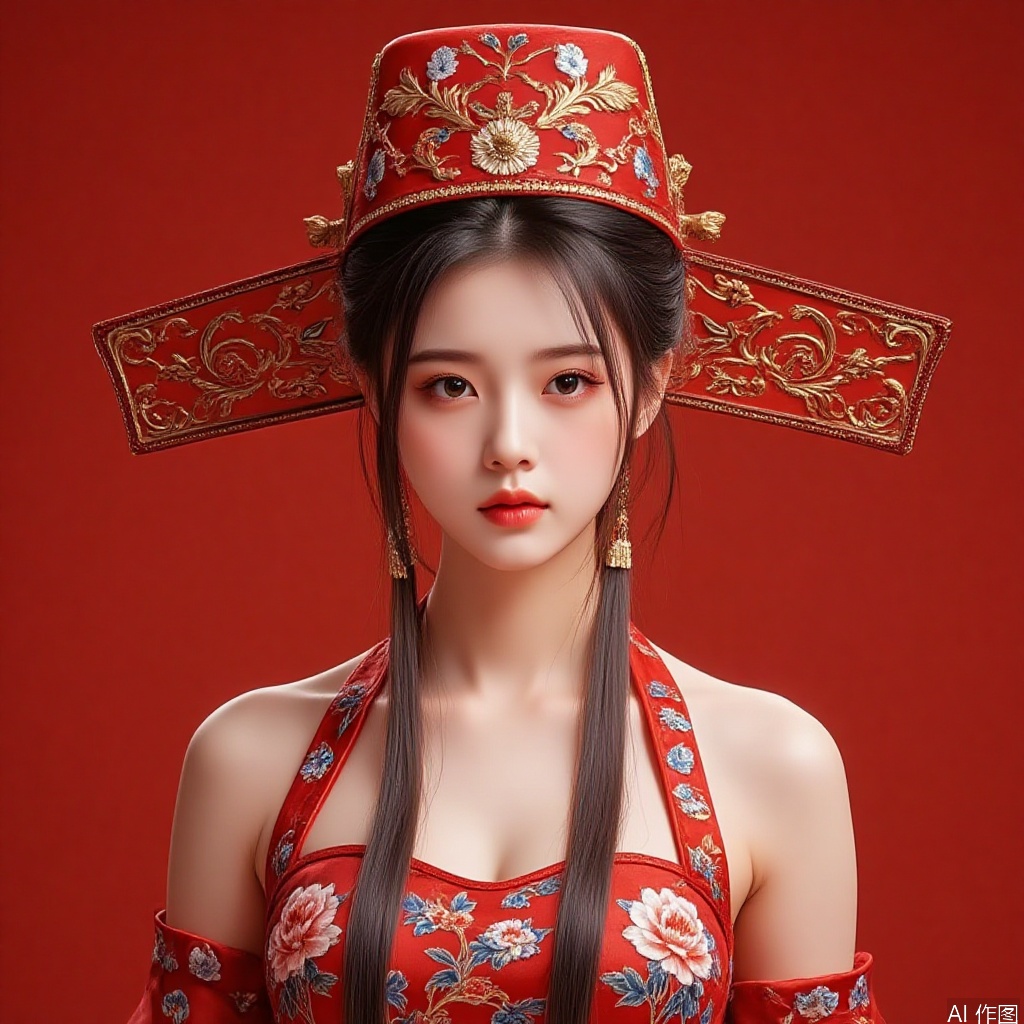 1girl,hat,Chinese clothes,portrait,Red background,bare shoulders