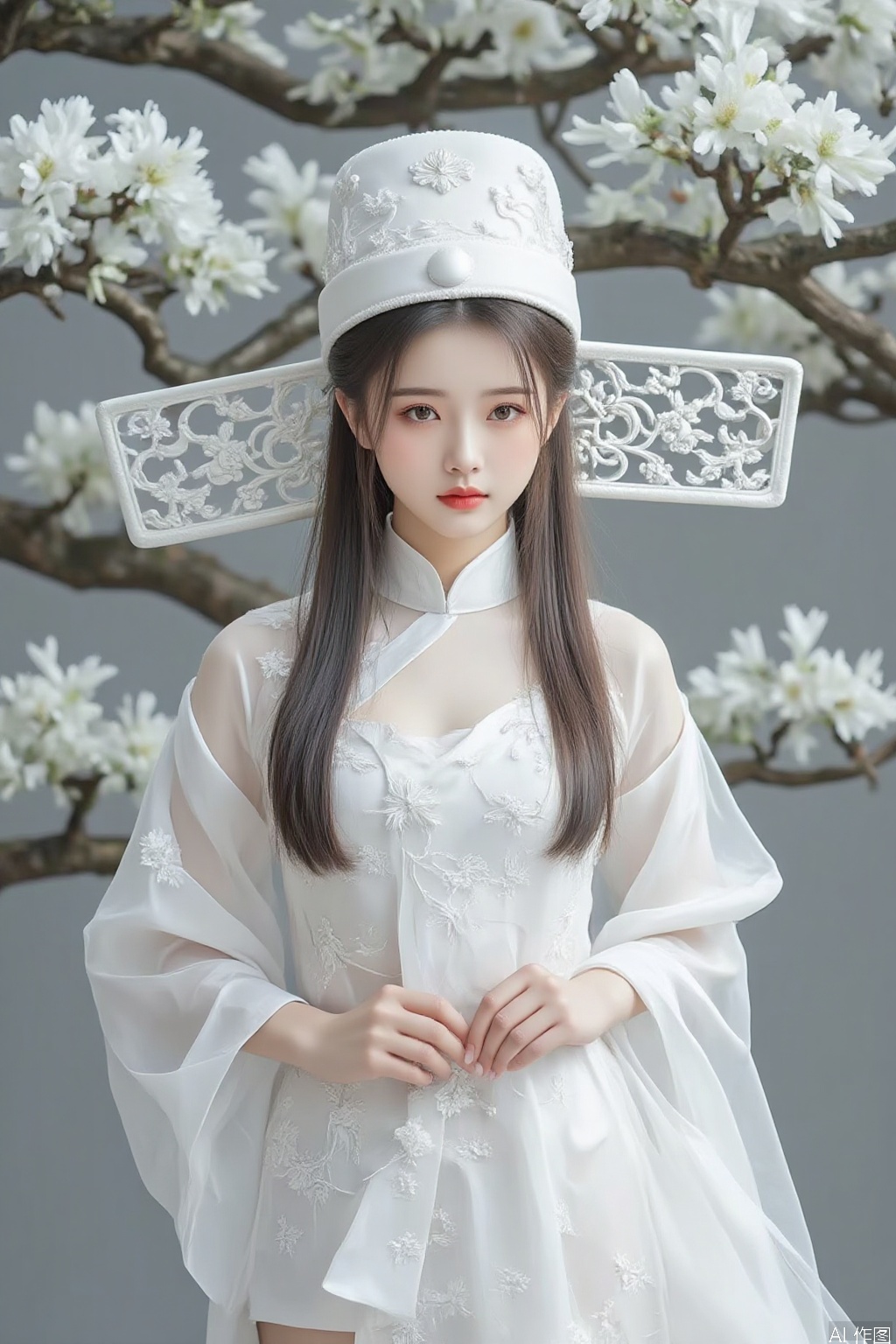 1girl,hat,white Chinese clothes,tree