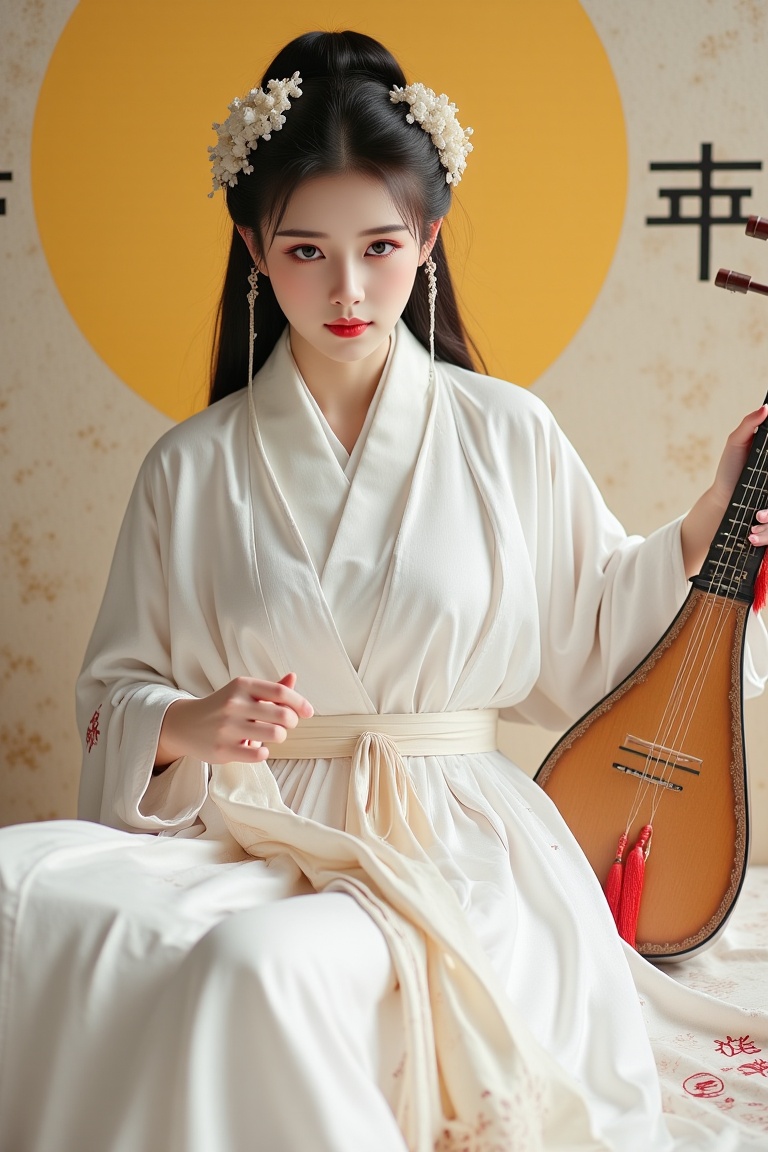(A youthful & gorgeous woman in a traditional Chinese dress,  a beautiful white Hanfu. She sits on a soft,  patterned fabr...