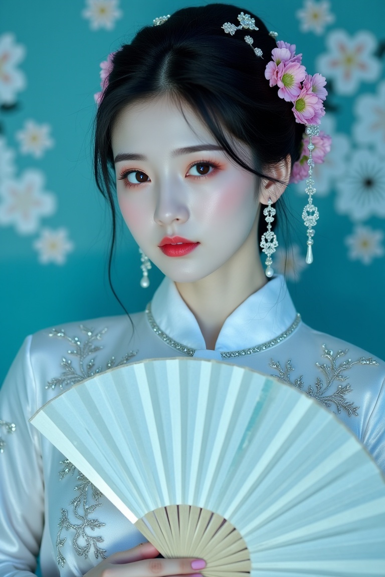 A delicate,  raw photo an Asian woman in a crisp white,  intricately embroidered Chinese cheongsam on Tensor.Art