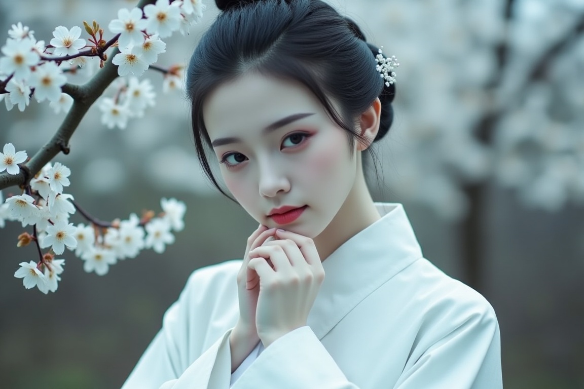 A woman in white hanfu dress,  hands on chin,  dreamy face on Tensor.Art