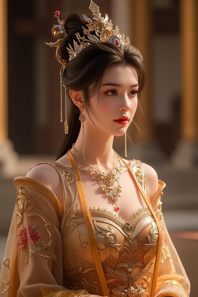A stunning Donghua-style portrait of a regal princess in a grand attire,  standing majestically in a palace courtyard. The...