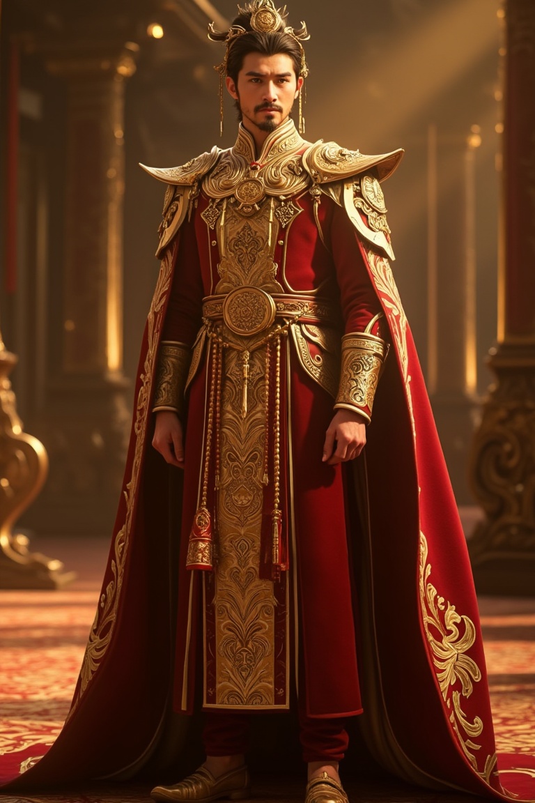 A captivating Donghua-style portrait of a great prince charming in regal attire,  standing confidently in a palace hall. T...