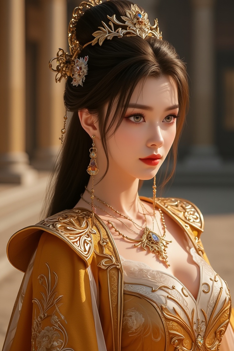 A stunning Donghua-style portrait of a regal princess in a grand attire,  standing majestically in a palace courtyard. The...