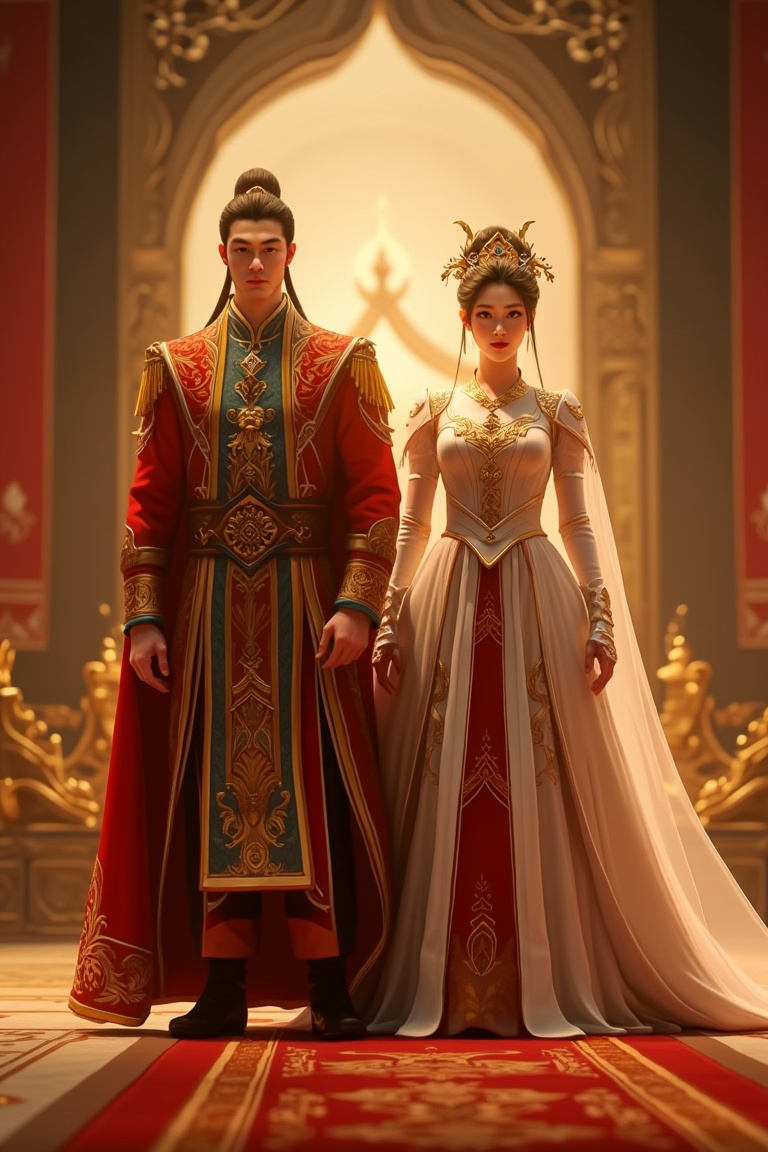 A regal Donghua-style illustration of a prince and princess,  standing side by side in a grand palace hall. The scene is f...