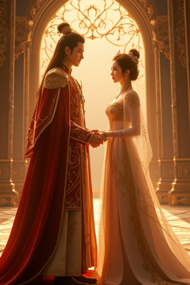 A regal Donghua-style illustration of a prince and princess,  standing side by side in a grand palace hall. The scene is f...