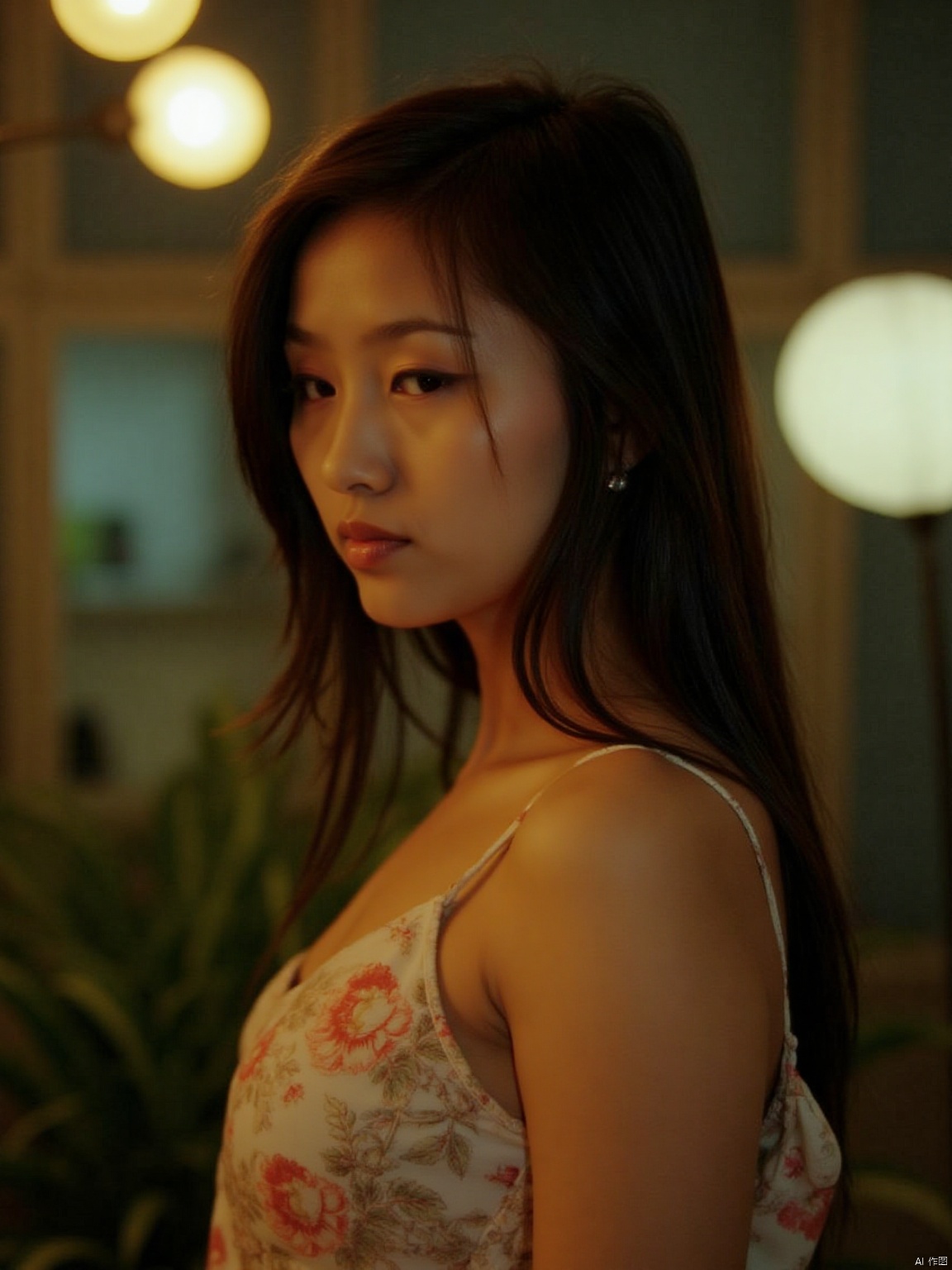 (RAW photo, 4k, realistic, exquisitely detailed skin),masterpiece,best quality,unity 8k wallpaper,ultra detailed,cinematic look,natural skin texture,extremely realistic skin texture,finely detailed face,(film grain:1.2),cinematic angle,Fujifilm XT3,,(highlydetailed),(bright scene),(A serene portrait of a stunning woman, gazing directly into the lens with an air of detachment, her piercing eyes seemingly oblivious to the viewer's presence. Soft, natural lighting casts a warm glow on her porcelain skin, while her raven tresses cascade down her back like a waterfall of night. Her lips, painted a subtle crimson, curve into a gentle, enigmatic smile, hinting at secrets kept behind an impenetrable facade.),(detailed lighting),(contrast),(mysterious atmosphere),,vivid illumination,,masterful technique,,harmonious composition,,immersive atmosphere,,stunning visuals,The bold emblazoned words SUNSHINE amidst lush greenery create a striking visual counterpoint to her melancholic expression, bathed in the soft glow of street lamps.
