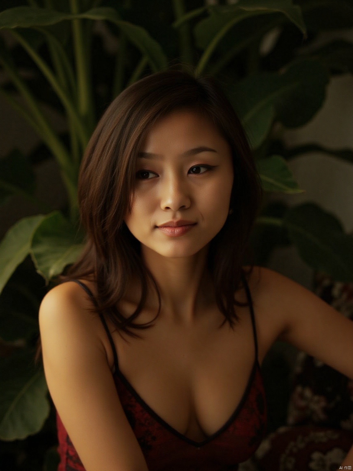 (RAW photo, 4k, realistic, exquisitely detailed skin),masterpiece,best quality,unity 8k wallpaper,ultra detailed,cinematic look,natural skin texture,extremely realistic skin texture,finely detailed face,(film grain:1.2),cinematic angle,Fujifilm XT3,,(highlydetailed),(bright scene),(A serene portrait of a stunning woman, gazing directly into the lens with an air of detachment, her piercing eyes seemingly oblivious to the viewer's presence. Soft, natural lighting casts a warm glow on her porcelain skin, while her raven tresses cascade down her back like a waterfall of night. Her lips, painted a subtle crimson, curve into a gentle, enigmatic smile, hinting at secrets kept behind an impenetrable facade.),(detailed lighting),(contrast),(mysterious atmosphere),,vivid illumination,,masterful technique,,harmonious composition,,immersive atmosphere,,stunning visuals,The bold emblazoned words SUNSHINE amidst lush greenery create a striking visual counterpoint to her melancholic expression, bathed in the soft glow of street lamps.
