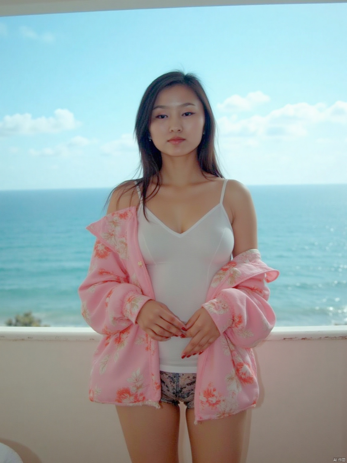 The image depicts a young and slender Asian woman standing on a balcony with a scenic view of the ocean in the background. She has long, wavy hair styled in loose braids. Her outfit consists of a cropped t-shirt and denim shorts, paired with a pink, oversized jacket adorned with patches. The bright blue sky and gentle clouds enhance the vibrant, summery atmosphere. The overall mood seems relaxed and carefree, capturing a moment of contemplation against a beautiful coastal backdrop, no hands..,.... professional photoshoot, epic scenery, cinematic lighting, photorealistic representation, superb quality, highly detailed, fine IMAX-level detail, creativity, rich imagination, exquisite details, sharp high resolution, special originality, 16K rendering, sharp focus, high contrast, vivid colors, realism, maximalism, perfect anatomy, perfect fingers, accurate anatomy, professional, award-winning, bokeh, top quality, very detailed, delicate details, very realistic photography, masterpiece, beauty and aesthetics, HDR