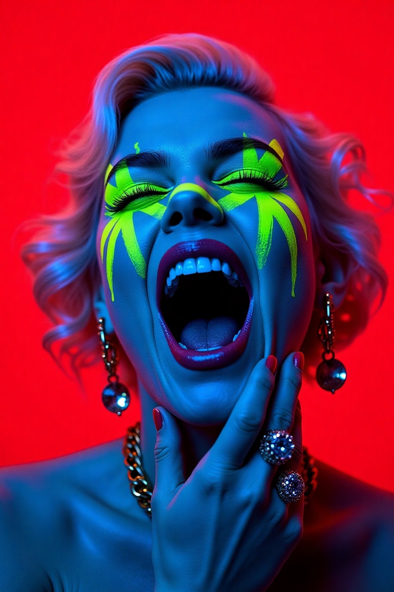 a glamorous platinum blonde woman with vintage old Hollywood finger-wave hair screaming with mouth wide open,  head tilted...