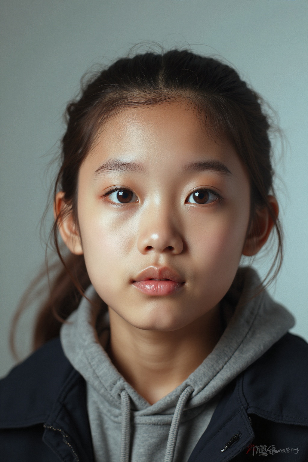 OBbllai,  Polaroid photo,  A close-up portrait of a young Asian girl with dark brown eyes and dark brown hair. Her eyes ar...