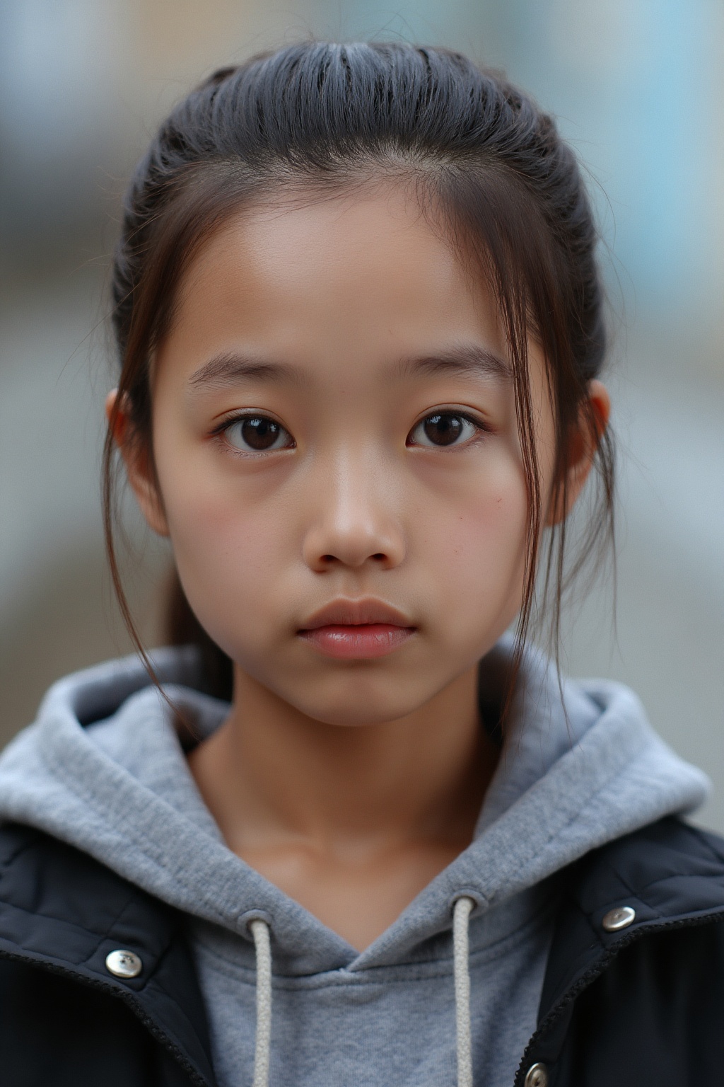OBbllai,  Polaroid photo,  A close-up portrait of a young Asian girl with dark brown eyes and dark brown hair. Her eyes ar...