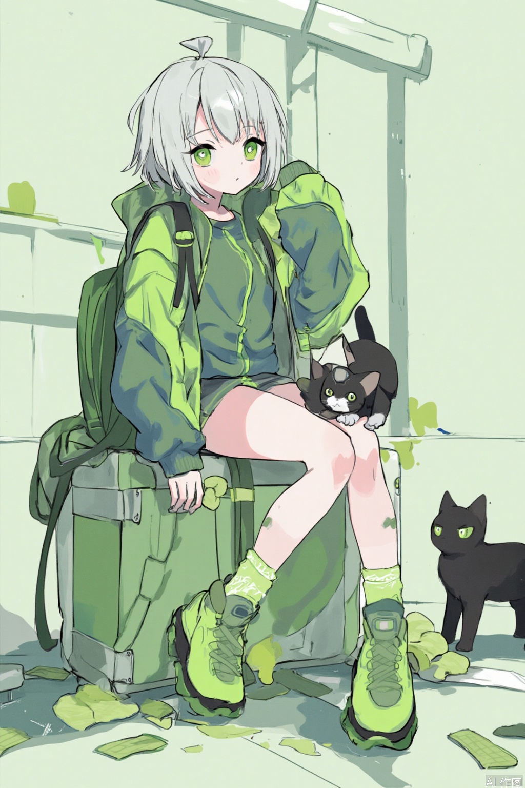 1girl, cat, green eyes, black cat, shoes, white hair, backpack, socks, looking at viewer, jacket, solo, sitting, sneakers, bag, bangs, green jacket, medium hair, animal, green theme, crossed legs, green socks, shirt