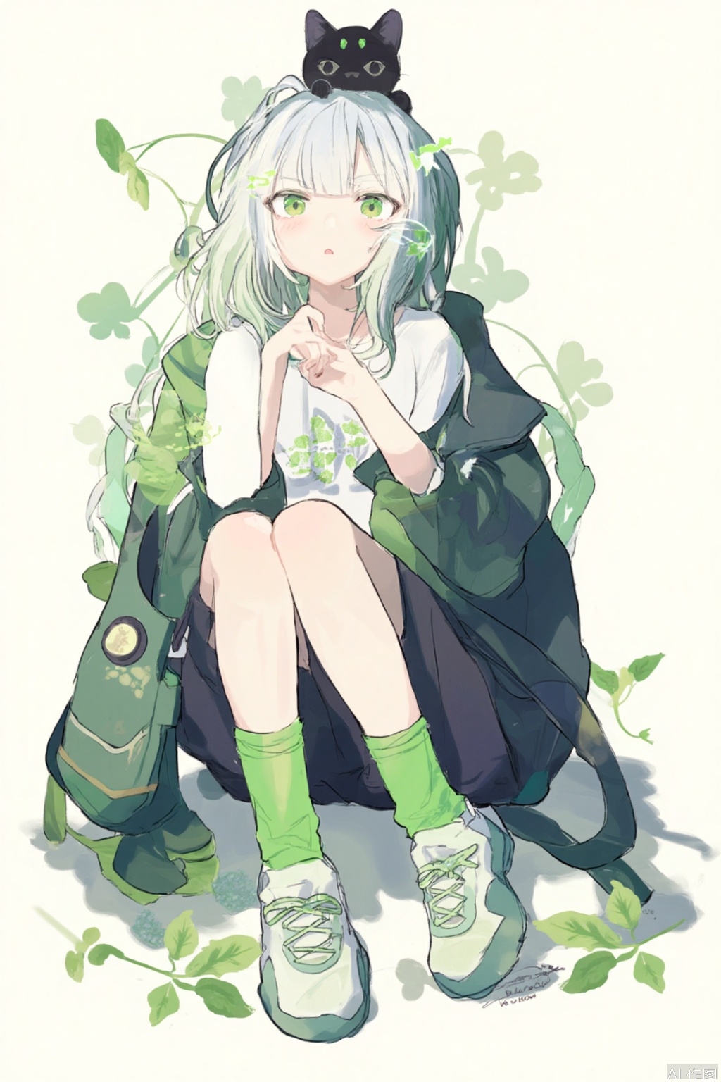 1girl, cat, green eyes, black cat, shoes, white hair, backpack, socks, looking at viewer, jacket, solo, sitting, sneakers, bag, bangs, green jacket, medium hair, animal, green theme, crossed legs, green socks, shirt