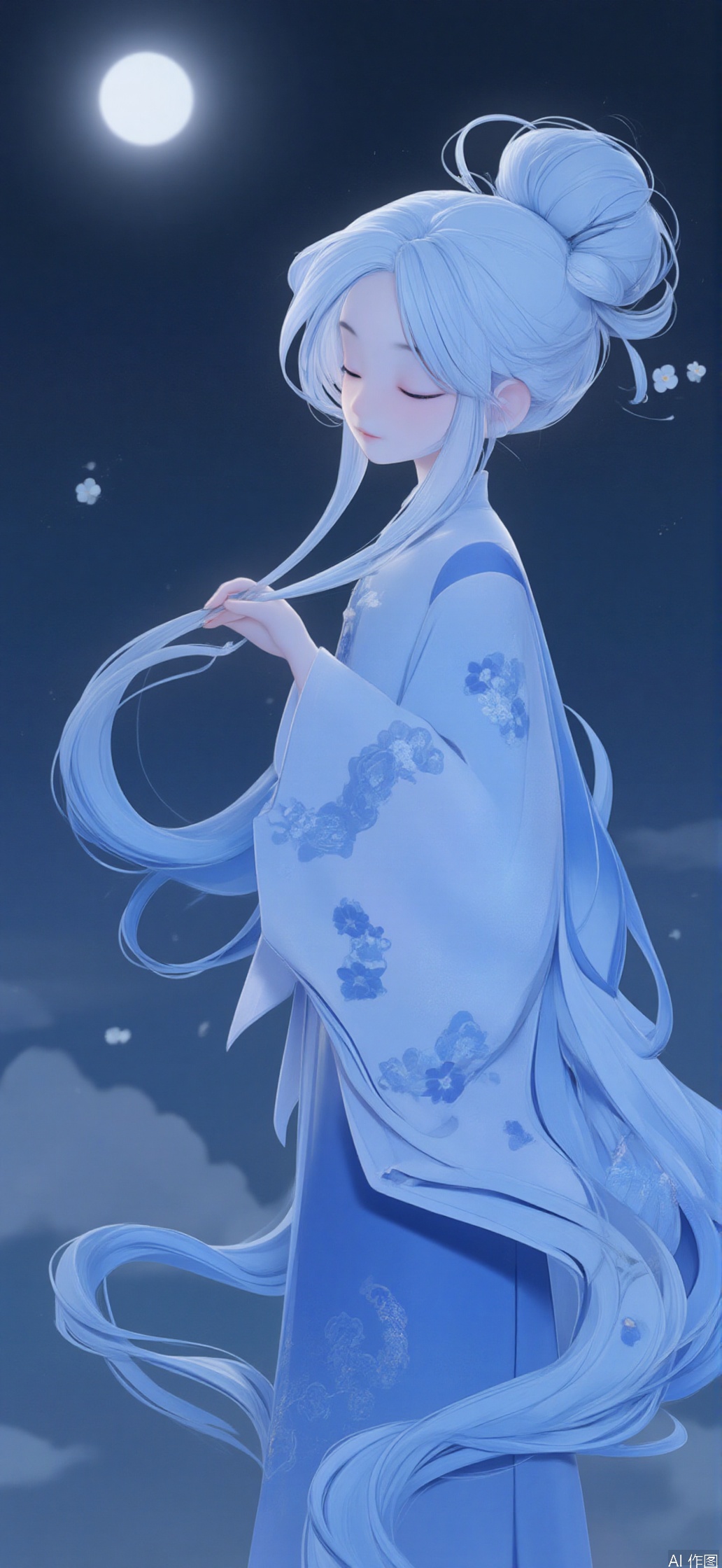 1girl, solo, long hair, dress, very long hair, standing, closed eyes, flower, white hair, sky, hair bun, night, chinese clothes, moon, full moon,Blue Theme