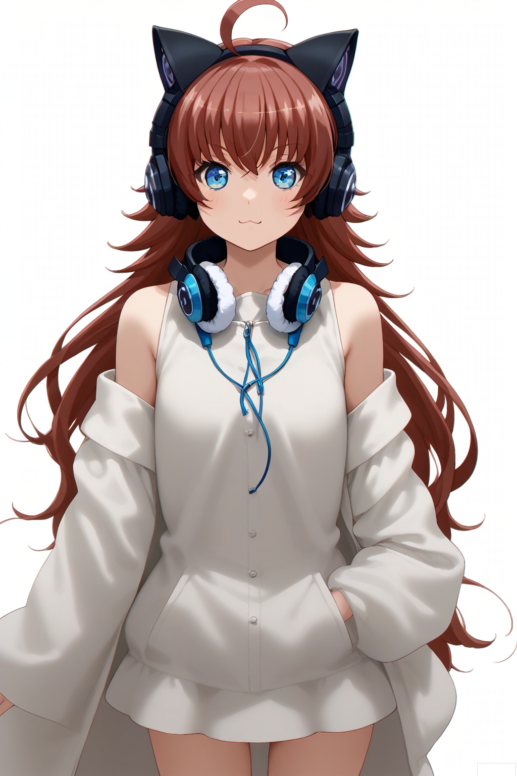 masterpiece, best quality,solo,((white background:1.2)),simple background,
looking at viewer,chuchu,cat ear headphones,animal ear headphones,ahoge, red hair, blue eyes
