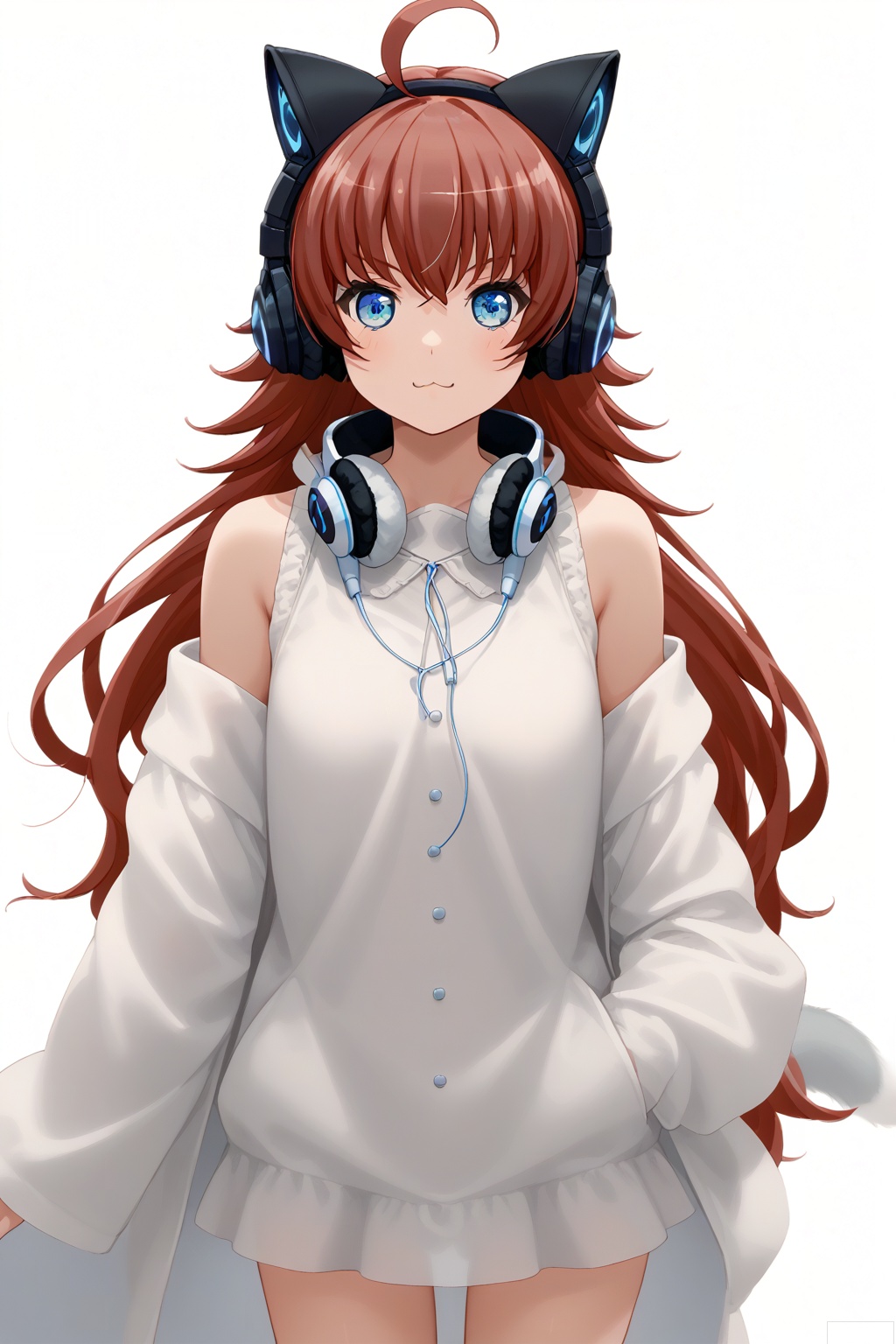 masterpiece, best quality,solo,((white background:1.2)),simple background,
looking at viewer,chuchu,cat ear headphones,animal ear headphones,ahoge, red hair, blue eyes