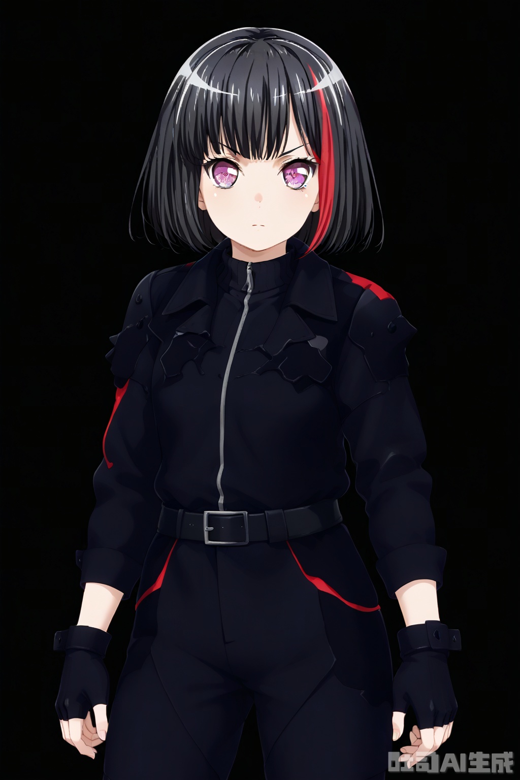 masterpiece, best quality,solo,((white background:1.2)),simple background,
looking at viewer,Mitake Ran,short hair,purple eyes,multicolored hair,streaked hair,bob cut,red hair,black hair
