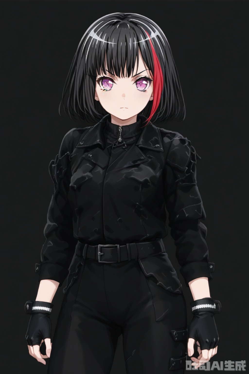 masterpiece, best quality,solo,((white background:1.2)),simple background,
looking at viewer,Mitake Ran,short hair,purple eyes,multicolored hair,streaked hair,bob cut,red hair,black hair