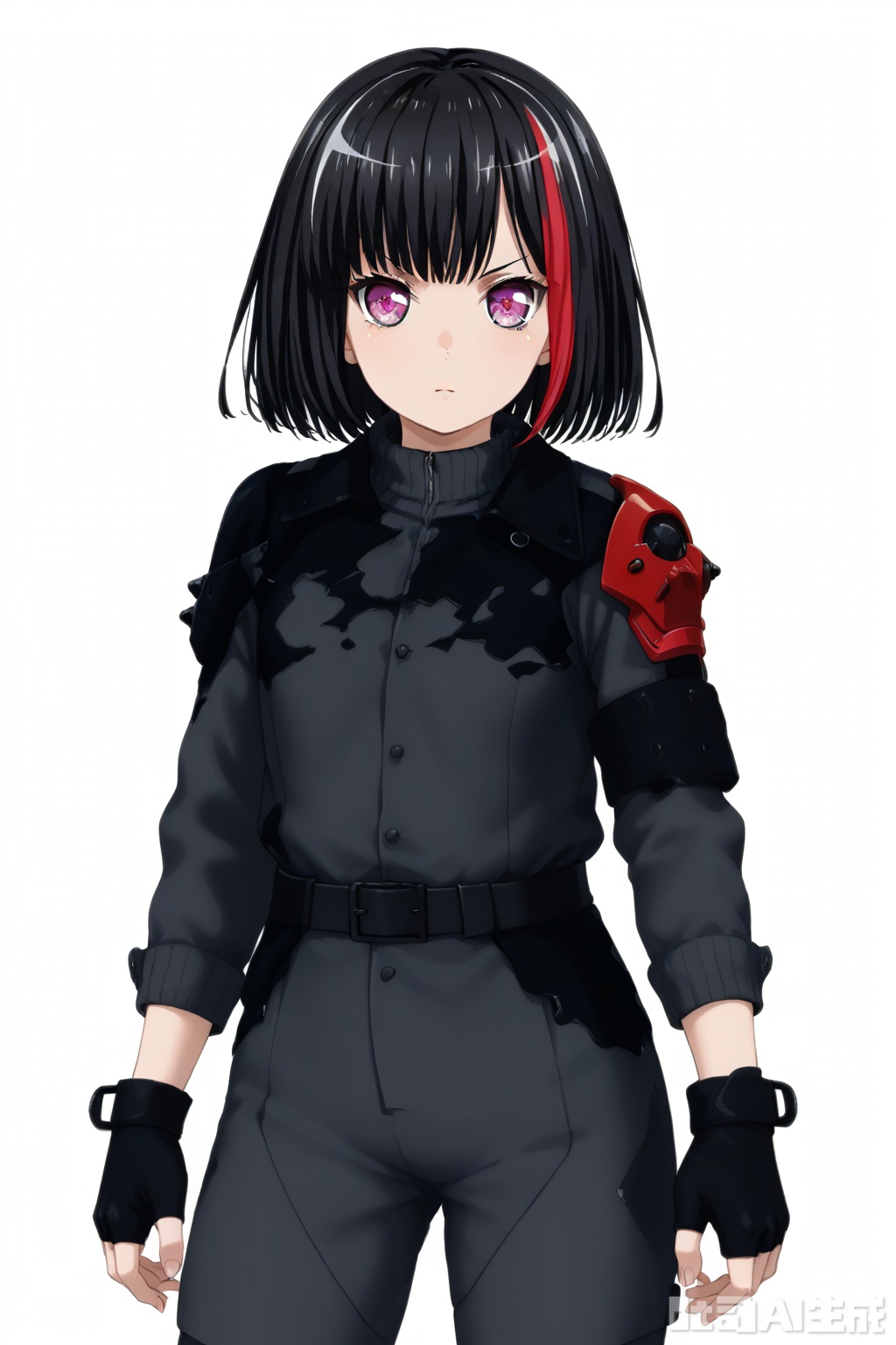 masterpiece, best quality,solo,((white background:1.2)),simple background,
looking at viewer,Mitake Ran,short hair,purple eyes,multicolored hair,streaked hair,bob cut,red hair,black hair