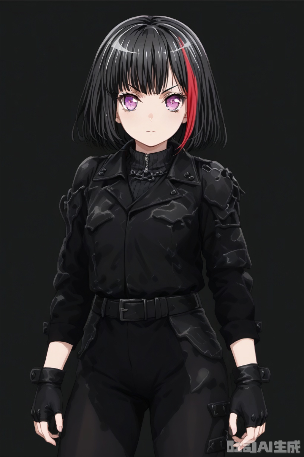masterpiece, best quality,solo,((white background:1.2)),simple background,
looking at viewer,Mitake Ran,short hair,purple eyes,multicolored hair,streaked hair,bob cut,red hair,black hair