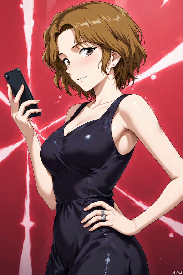 An animated image of a girl with brown hair. She is wearing a black dress and a silver ring on her right hand. Her left hand is resting on her hip. Her right hand is holding a black phone in her left hand. The background is a vibrant red with white lines running through it.