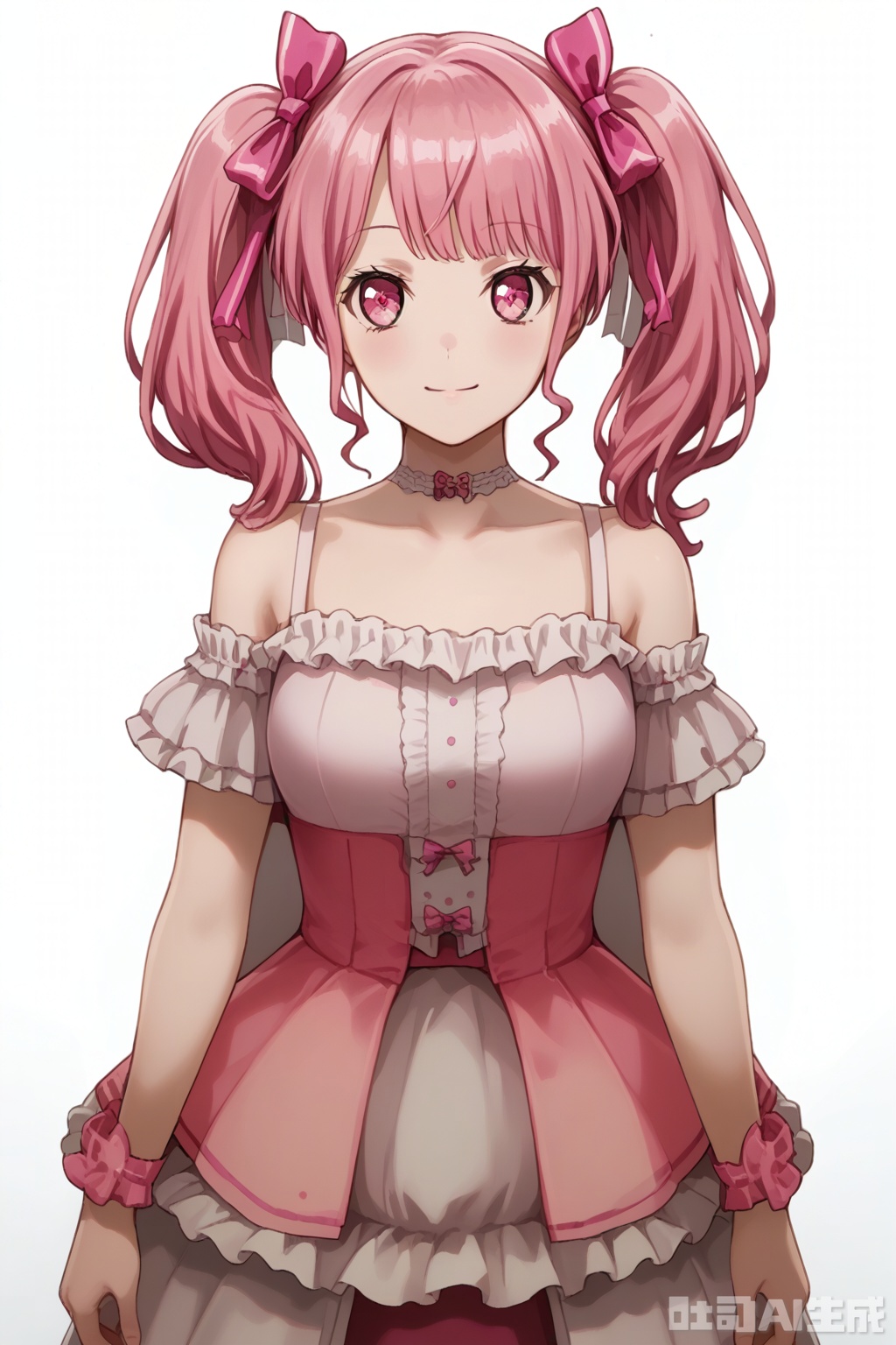 masterpiece, best quality,solo,((white background:1.2)),simple background,
looking at viewer,Maruyama Aya,bangs,pink eyes,pink hair,hair ribbon,twintails