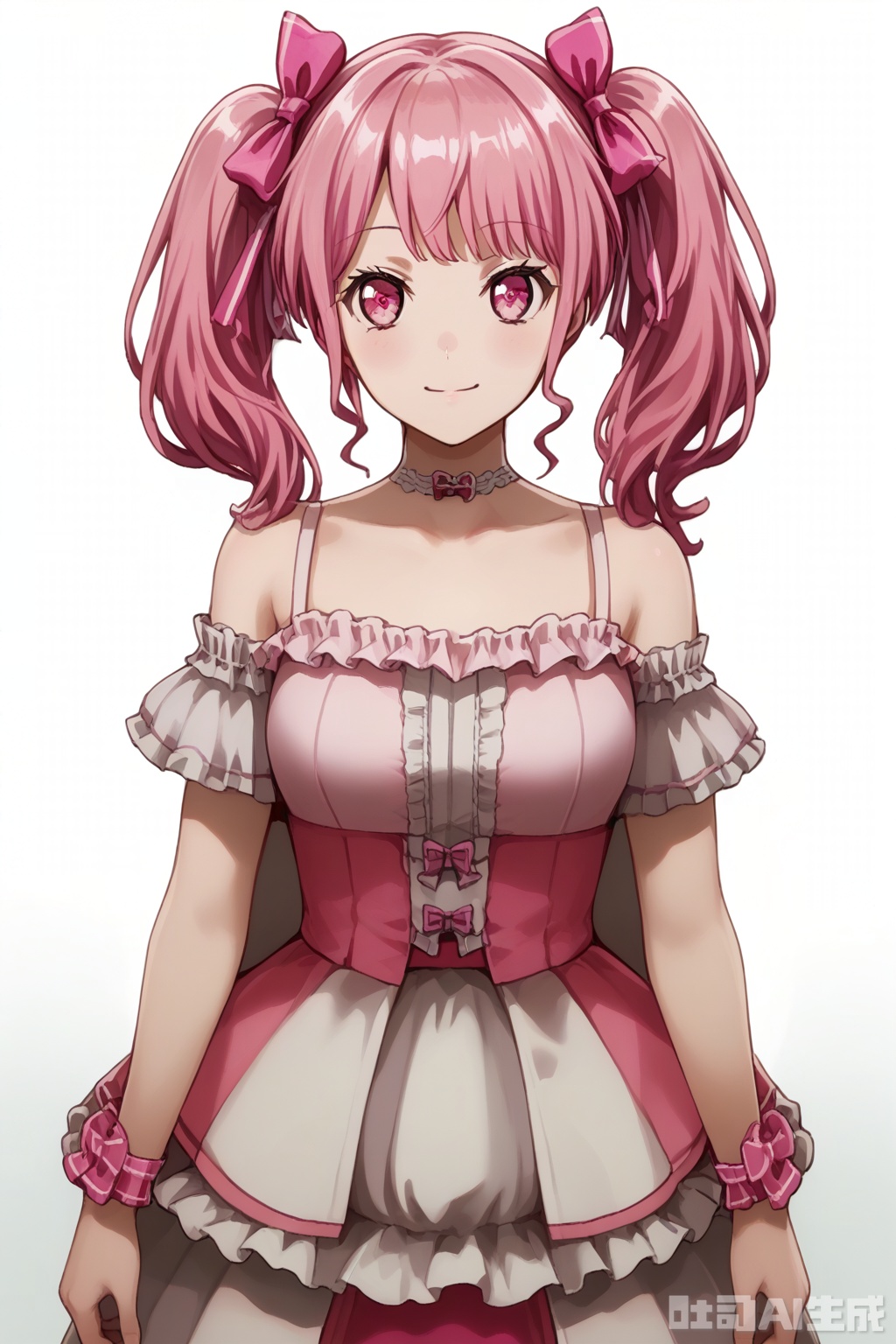 masterpiece, best quality,solo,((white background:1.2)),simple background,
looking at viewer,Maruyama Aya,bangs,pink eyes,pink hair,hair ribbon,twintails