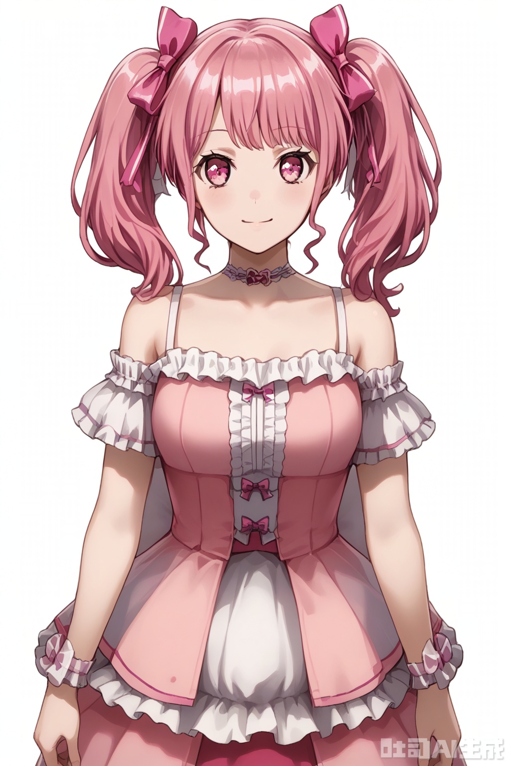 masterpiece, best quality,solo,((white background:1.2)),simple background,
looking at viewer,Maruyama Aya,bangs,pink eyes,pink hair,hair ribbon,twintails