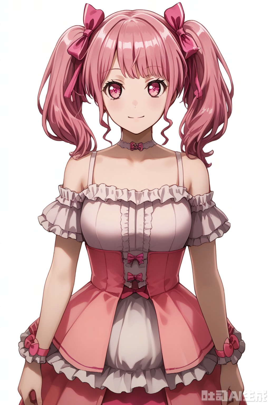 masterpiece, best quality,solo,((white background:1.2)),simple background,
looking at viewer,Maruyama Aya,bangs,pink eyes,pink hair,hair ribbon,twintails