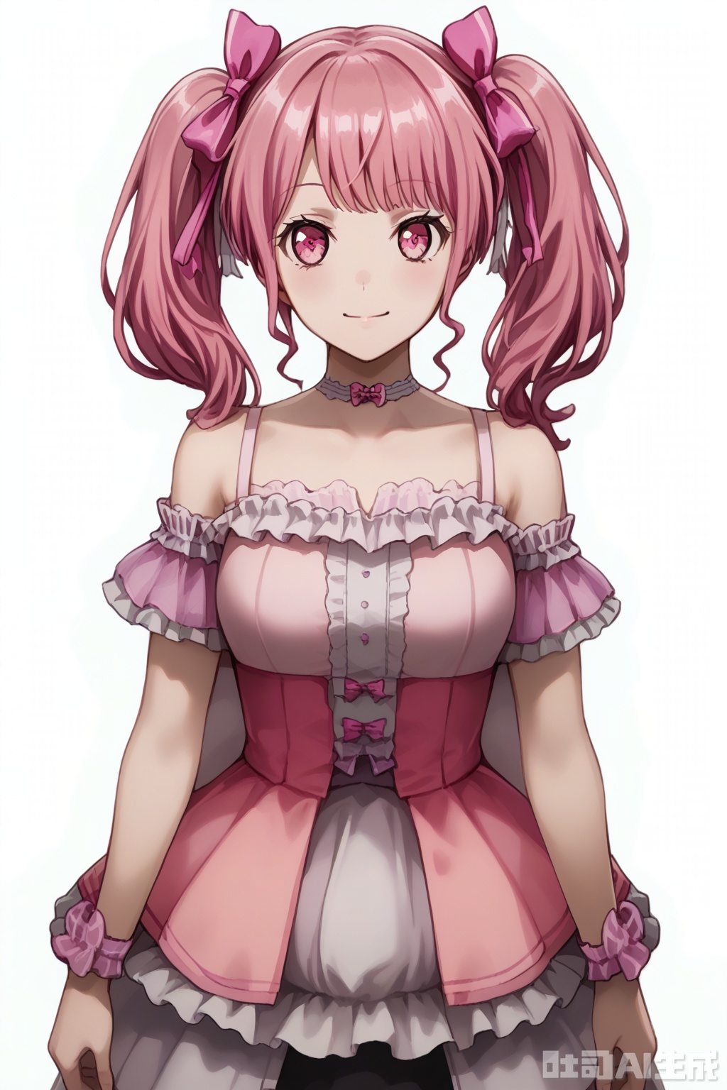 masterpiece, best quality,solo,((white background:1.2)),simple background,
looking at viewer,Maruyama Aya,bangs,pink eyes,pink hair,hair ribbon,twintails