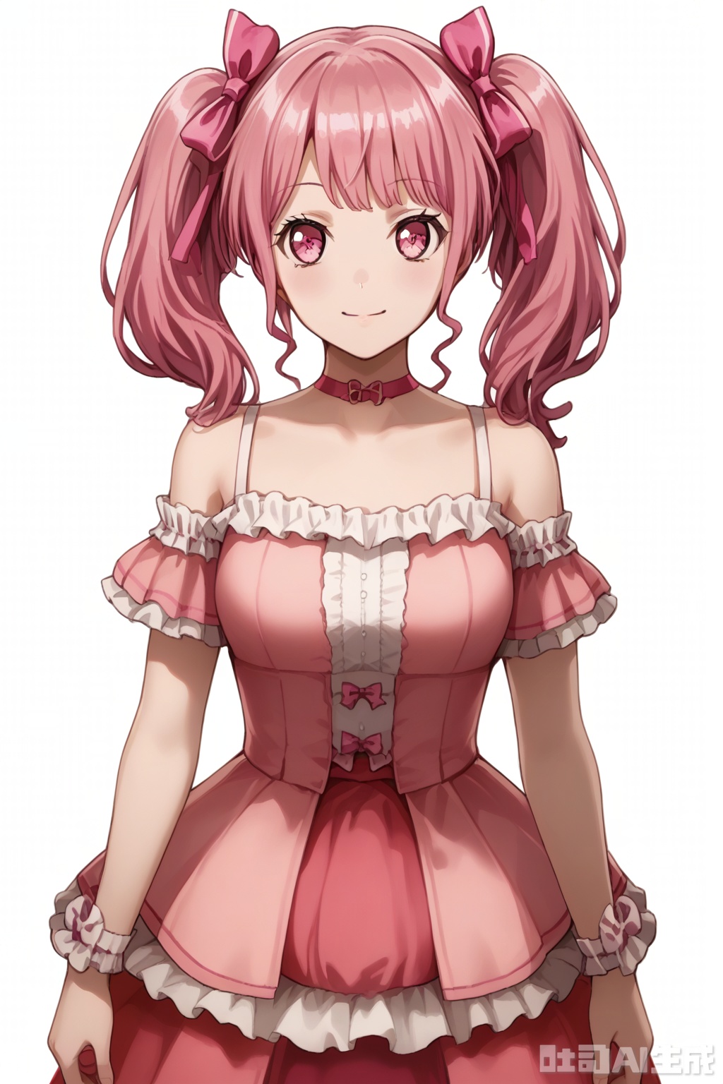 masterpiece, best quality,solo,((white background:1.2)),simple background,
looking at viewer,Maruyama Aya,bangs,pink eyes,pink hair,hair ribbon,twintails