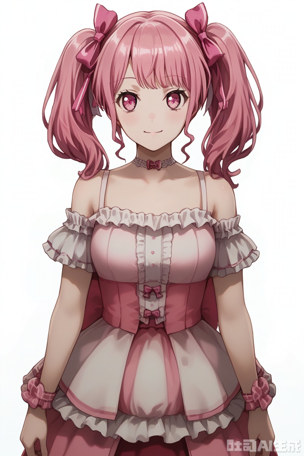 masterpiece, best quality,solo,((white background:1.2)),simple background,
looking at viewer,Maruyama Aya,bangs,pink eyes,pink hair,hair ribbon,twintails