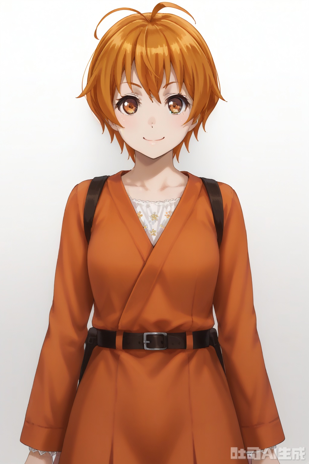 masterpiece, best quality,solo,((white background:1.2)),simple background,
looking at viewer,Kitazawa Hagumi,orange eyes,orange hair,ahoge,brown eyes,short hair, smile