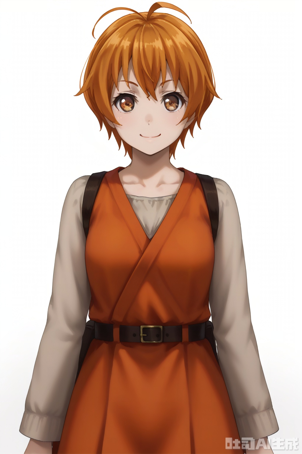 masterpiece, best quality,solo,((white background:1.2)),simple background,
looking at viewer,Kitazawa Hagumi,orange eyes,orange hair,ahoge,brown eyes,short hair, smile