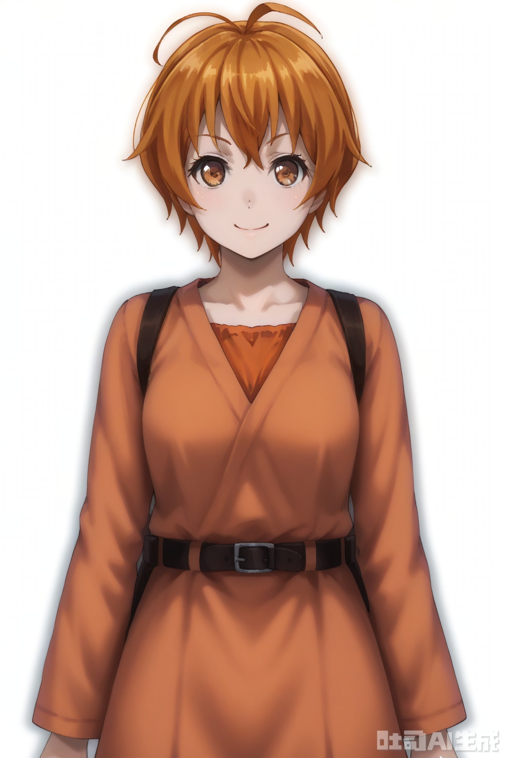 masterpiece, best quality,solo,((white background:1.2)),simple background,
looking at viewer,Kitazawa Hagumi,orange eyes,orange hair,ahoge,brown eyes,short hair, smile