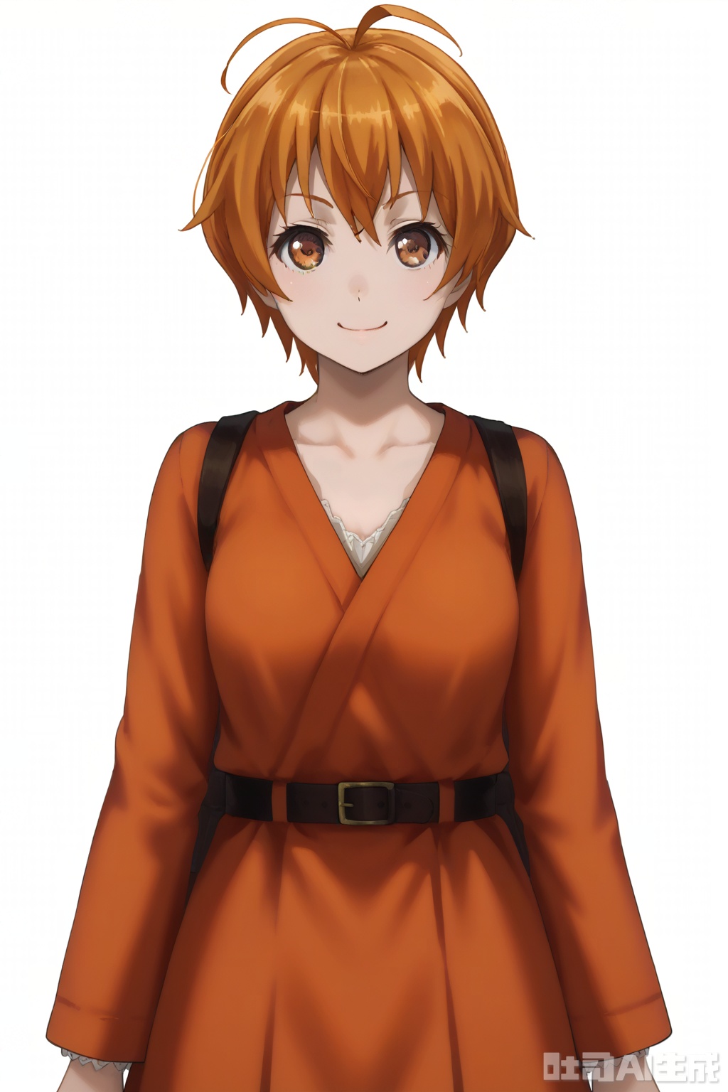 masterpiece, best quality,solo,((white background:1.2)),simple background,
looking at viewer,Kitazawa Hagumi,orange eyes,orange hair,ahoge,brown eyes,short hair, smile