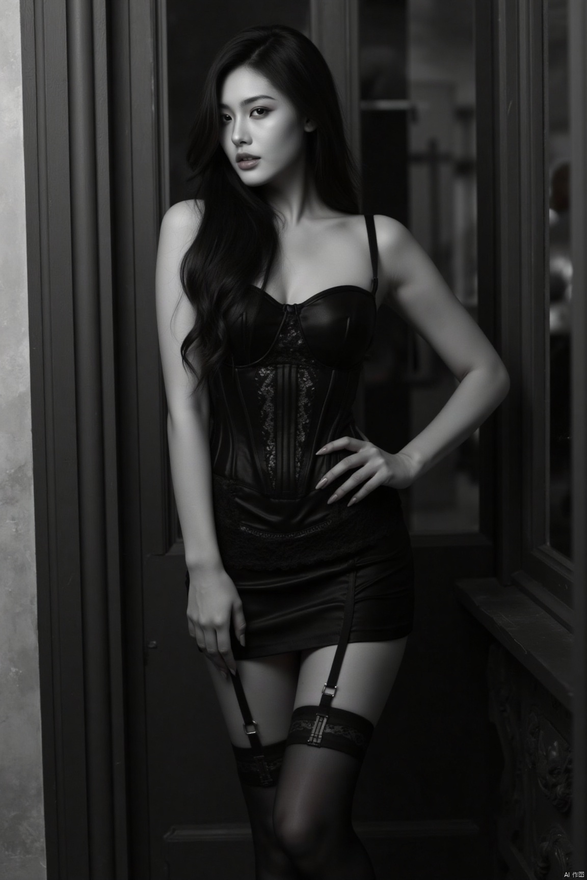 The woman is wearing a black corset top and a matching black skirt with lace trim. She has on black stockings with garter belts attached. She is standing next to a door, with one hand resting on her hip. The overall scene is in black and white, giving it a classic and elegant look.masterpiece, realistic, best quality, highly detailed,plns,xkj