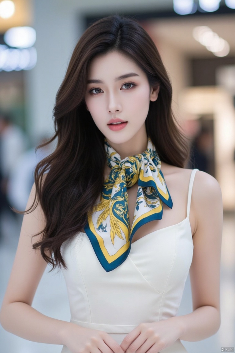 A Chinese beauty with long,black eyes, flowing, pitch-black and lustrous hair, had a colorful and elegantly textured silk scarf draped around her neck, adding a touch of tenderness and charm to her attire. She was wearing a simple white, luxurious sleeveless dress, her figure slim and her skin fair as snow. Standing in an upscale shopping mall in Seoul, she fully displayed the elegance and style of a modern urban woman.,plns,xkj