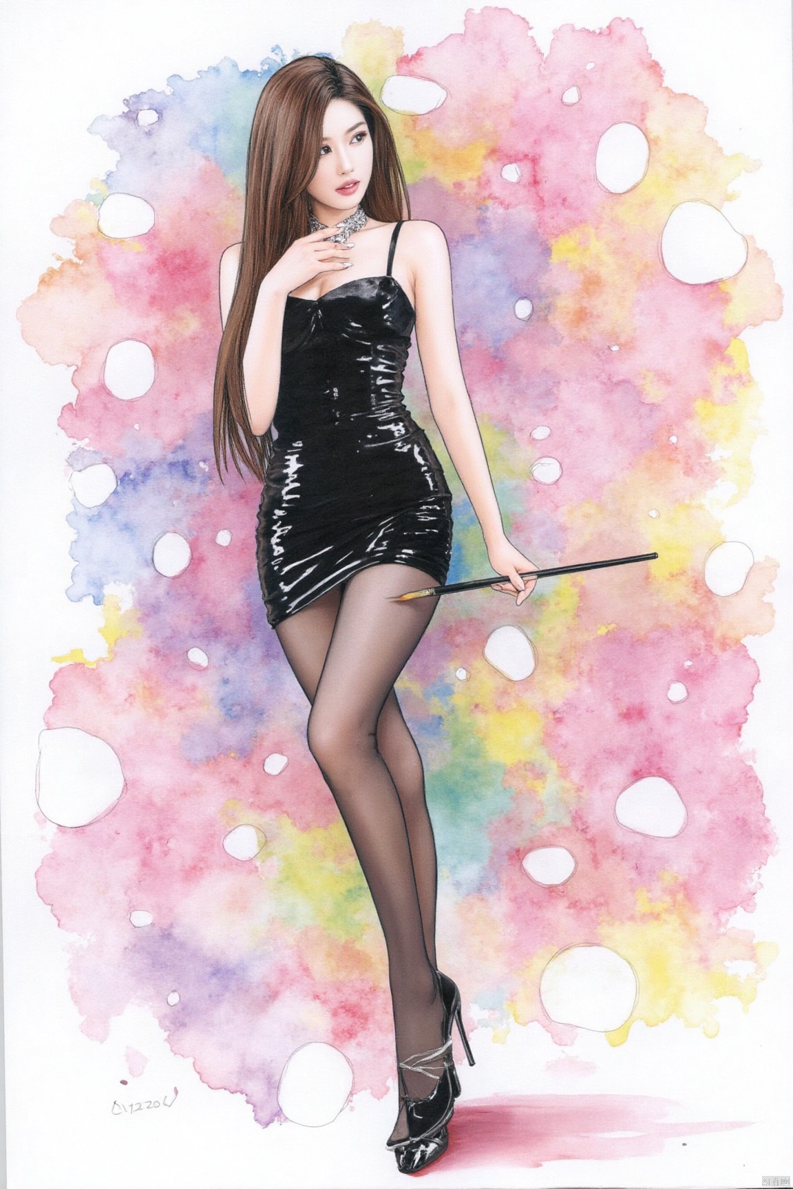  An illustration of 1girl painted on paper, long hair,asian,pretty,looking away,Confident and lively,black dress, glossy pantyhose,stiletto heels,combining the vibrant colors of watercolor with the elegance of ink wash painting,The art form takes inspiration from the whimsical charm of manga, infusing it with the organic flow of watercolor pigments,Created with brushes and ink, the image showcases the beauty of fluid lines and translucent hues,The focus is on her graceful posture and expressive features, capturing her personality with a combination of delicate ink details and vibrant watercolor washes. The overall image exudes a captivating blend of manga and watercolor aesthetics,plns,xkj