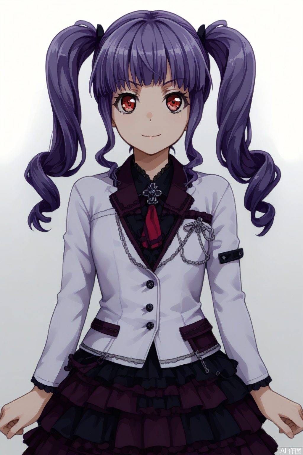 masterpiece, best quality,solo,((white background:1.2)),simple background,
looking at viewer,Udagawa Ako,bangs,red eyes,twintails,purple hair