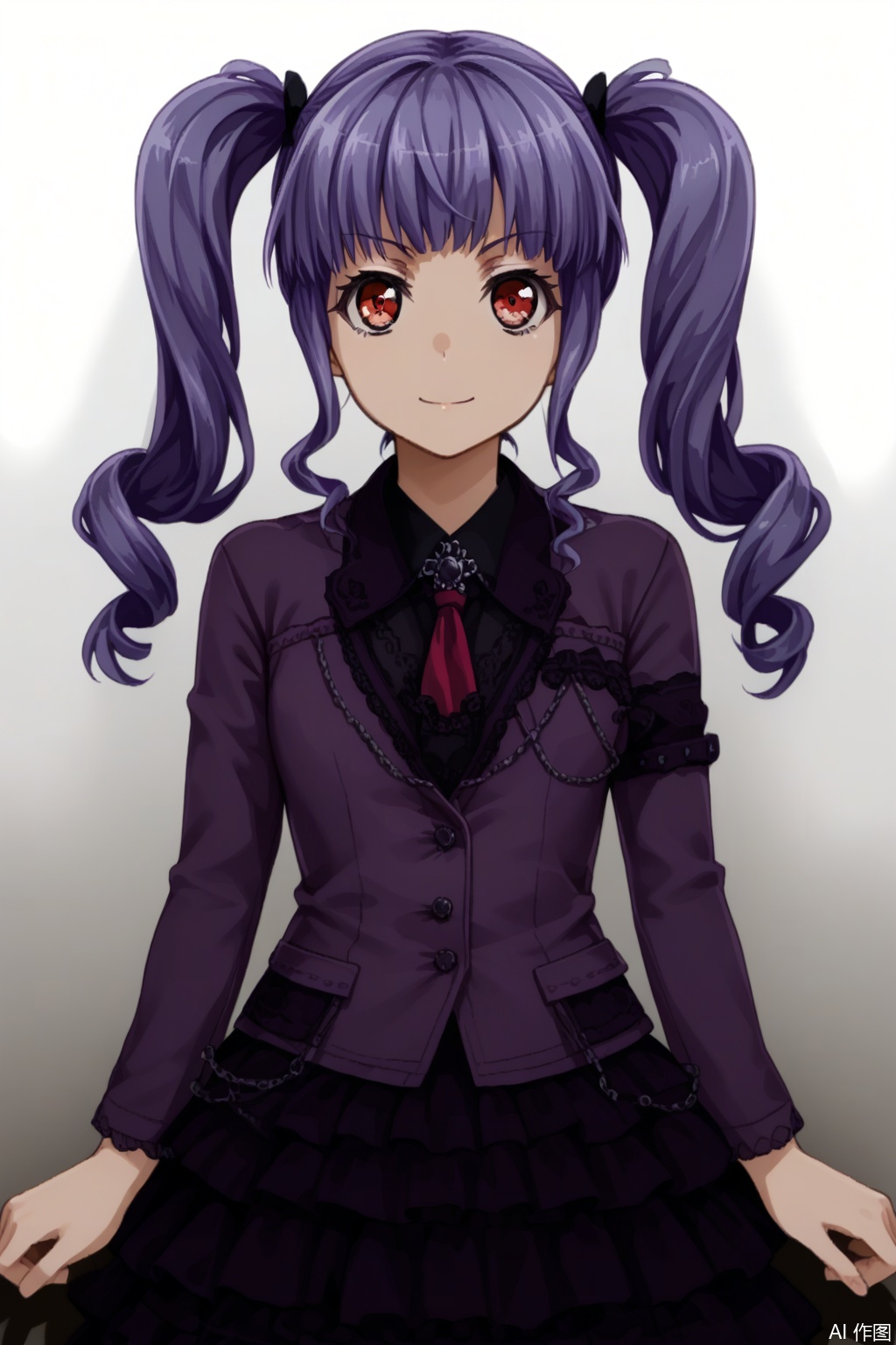 masterpiece, best quality,solo,((white background:1.2)),simple background,
looking at viewer,Udagawa Ako,bangs,red eyes,twintails,purple hair
