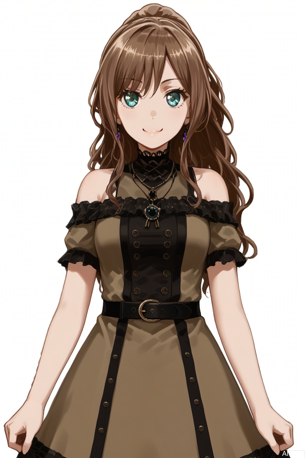 masterpiece, best quality,solo,((white background:1.2)),simple background,
looking at viewer,Imai Lisa,grey eyes,ponytail,green eyes,bangs,brown hair,long hair, smile