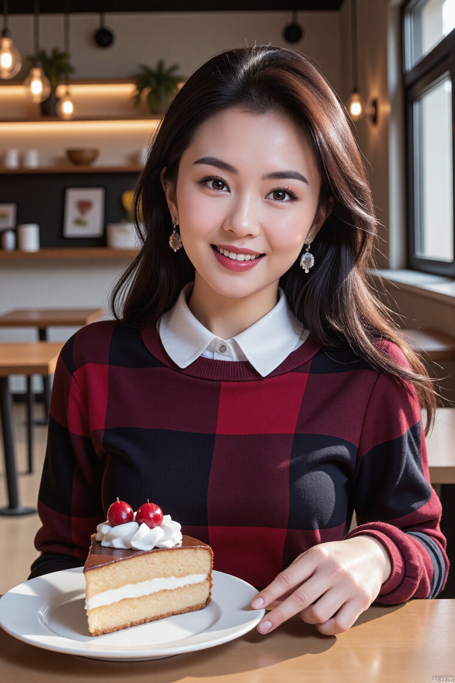 The image shows a young woman sitting at a table in a cozy café. She is wearing a plaid sweater over a white collared shirt. She is holding a plate with a slice of cake topped with whipped cream and a few berries. Another similar slice of cake is placed on the table in front of her. The background features a café setting with warm lighting, hanging lights, and a counter with various items. The atmosphere appears relaxed and inviting.
