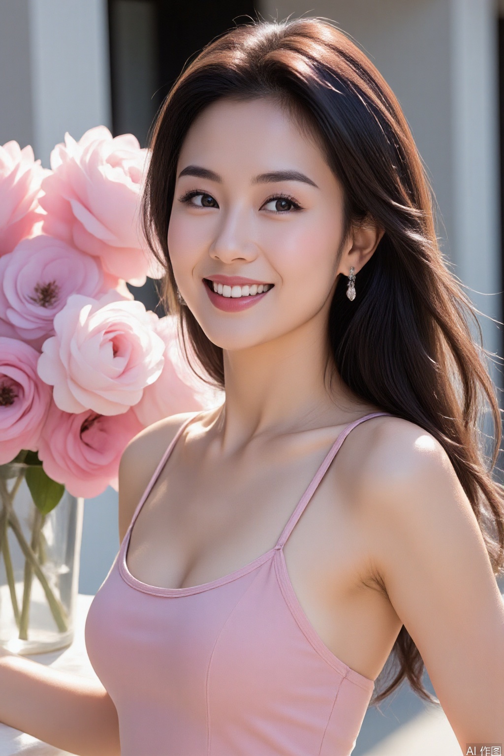 
The image shows a young woman with long, wavy hair, wearing a sleeveless pink top. She is standing outdoors, with a bouquet of flowers in the background. The flowers are a mix of pink and white, and they appear to be in a glass vase. The lighting is bright, suggesting it is daytime, and the woman is smiling at the camera. The background is slightly blurred, emphasizing the subject in the foreground.
